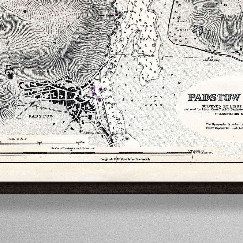 Vintage map of Padstow with topographic details