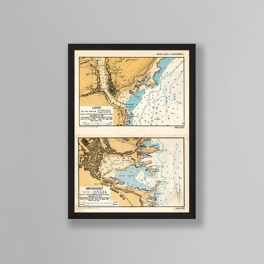 Looe and Mevagissey Harbour Vintage Reproduction Nautical Framed Print