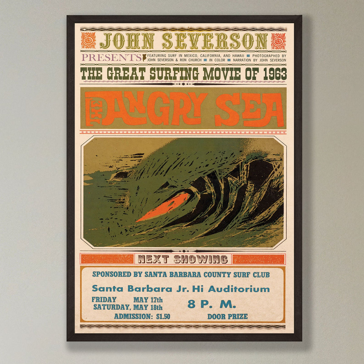 The Angry Sea - Surfing Movie - reproduction vintage framed print
